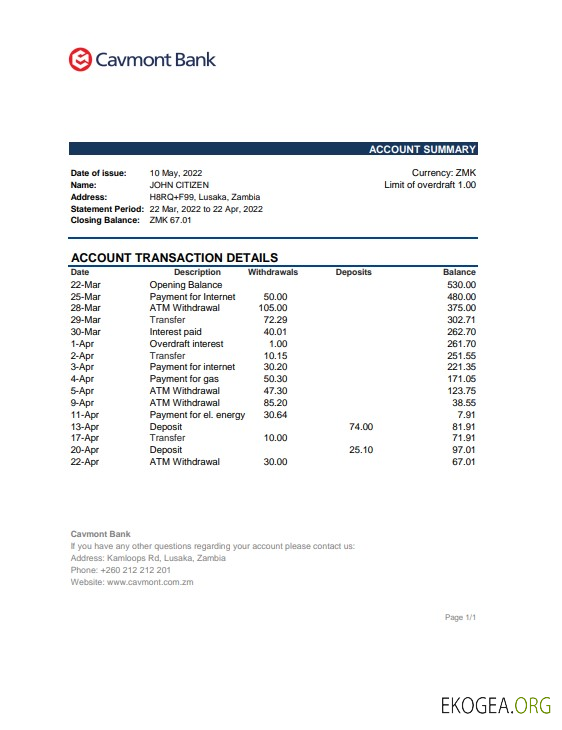 Relevé bancaire de Zambie Cavmont, modèle Excel et PDF